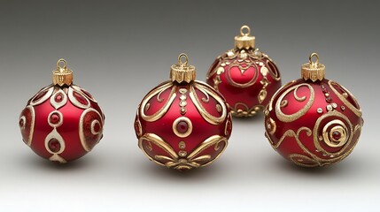 Ornate christmas ornaments in shades of red and gold.