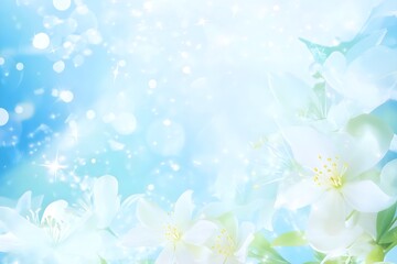 Ethereal white spring flowers on a sparkling blue bokeh background, a dreamy and magical abstract floral design for weddings or celebrations