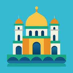 Obraz premium Modern Flat Mosque Illustration by the Water with Reflection and Blue Sky