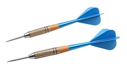 Two professional darts with blue flights and ornate handles isolated against a black background