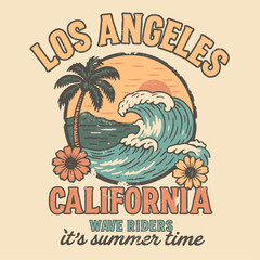 Los angeles Beach vibes print design. tropical summer graphics in vintage. california wave riders with sun mixed sketch.