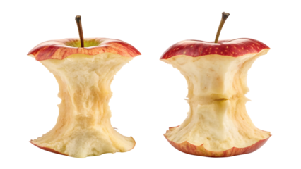 Two red apple cores side by side against a white background creating a healthy and delicious food concept