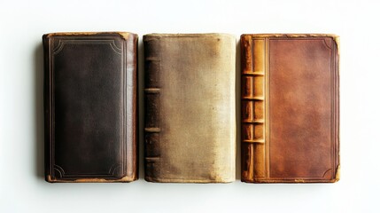 Vintage Leather Books on White Surface with Unique Textures