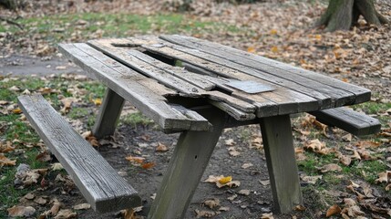 Damaged wooden picnic table in park