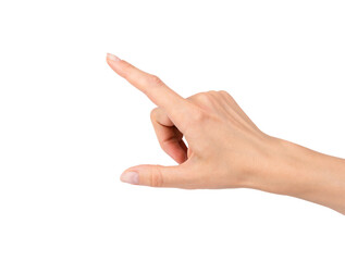 Woman's hand isolated on a white background. A fmale hand points to something with her index finger.