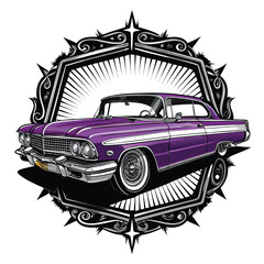 Design a vibrant lowrider car crest featuring gleaming chrome details, sparkling accents, and a bold, stylized design.  Include intricate flourishes.