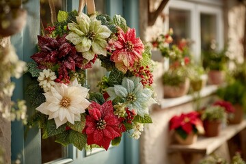 Vibrant Holiday Wreath with Poinsettias and Berries Adorning a Festive Entrance