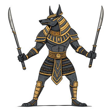 A fearsome jackal-headed tomb guardian, clad in ancient armor, wielding twin wicked blades, stands vigilant.  Render in high detail.