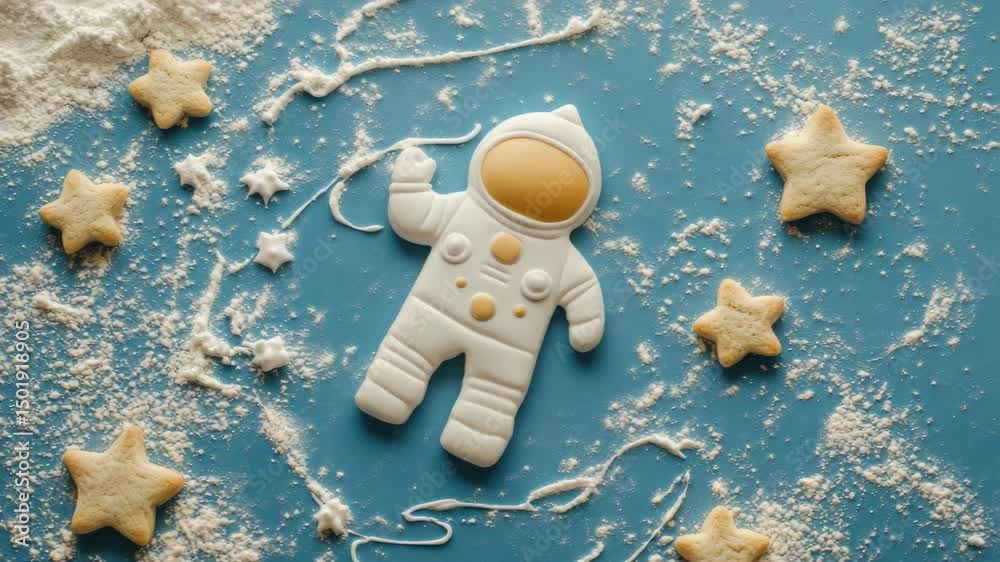 Poster a cookie designed to look like an astronaut on a blue background