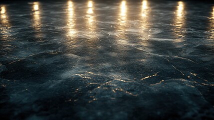 Shimmering Reflective Surface with Warm Light Glow in Dark Setting