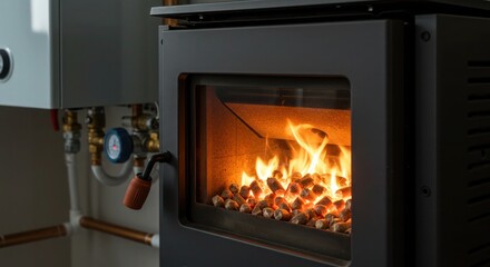 Fototapeta premium Pellet stove blazing warmly indoors