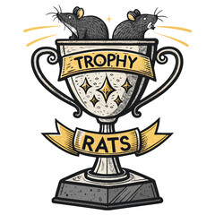 A defaced golden trophy overflowing with rats, a graffitied banner reading "GOL" draped across it.  Dark, gritty urban setting. © vector