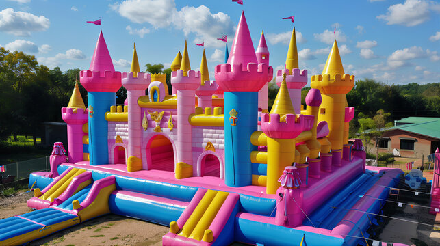 Inflated bounce fairytale castle. Colorful large inflatable castle at sunset Princess dreamland inflatable bounce house. Kids bounce castle, jump castle. Bounce house, bouncy slide.