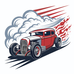 Design a vintage hot rod emblem featuring a stylized skull and flames, incorporating a dynamic smoke trail effect.  The style should be classic and bold.