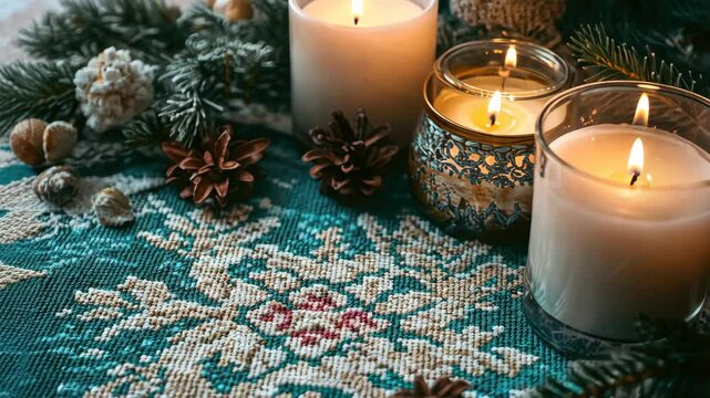 Colorful tablecloth with paisley pattern for a Christmas centerpiece. Candles in glass jars add to the festive ambiance.