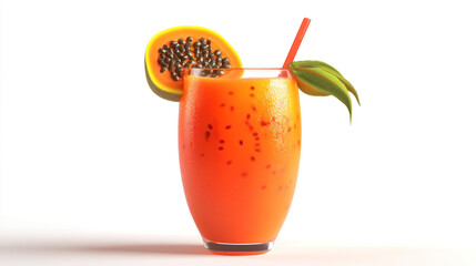 glass of orange juice with straw on white background