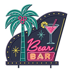 Design a vintage neon sign for a beach bar featuring a stylized palm tree, evoking a retro 1950s aesthetic.  Include vibrant colors and a weathered texture.