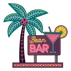 Design a vintage neon sign for a beach bar featuring a stylized palm tree, emphasizing retro aesthetics and vibrant colors.  Include detailed text options.