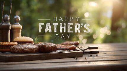 Happy father's day barbecue with burgers and sausages on a wooden table in a garden setting outdoors