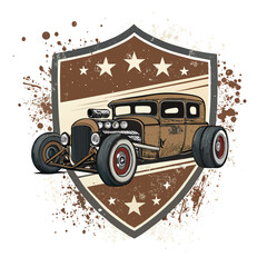 Design a rat rod emblem featuring a rusted texture, paint splatters, and a distressed aesthetic.  Include gritty details.