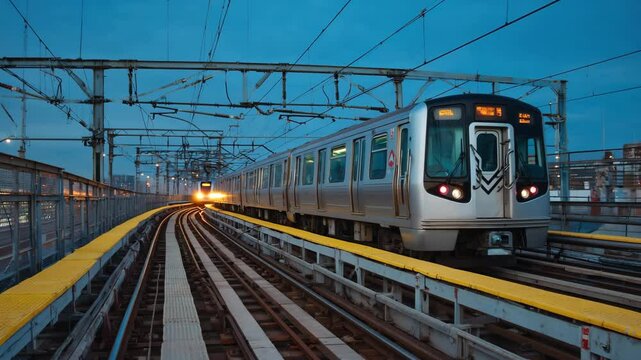 Dynamic low angle shot of a sleek modern train car moving along a curved track at dusk, showcasing urban transit, Vivid cool toned image of a contemporary train on a railway bridge under a clear eveni