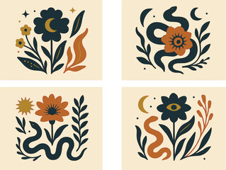 A collection of mystical posters featuring abstract floral patterns and serpentine occult symbols, along with wildflowers and foliage with curved leaves, is available for home decor and interior