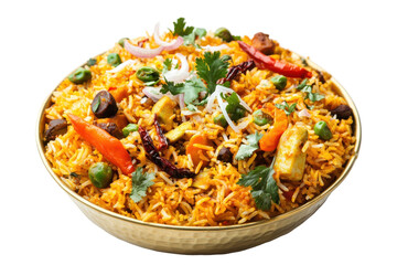 Vibrant vegetable biryani in golden bowl a colorful Indian dish