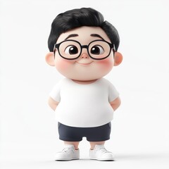 3D Cartoon chubby boy wearing black glasses white background image