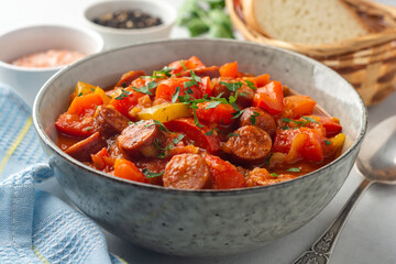 Traditional Hungarian dish Lecho or Lecso or Letscho. Stew with peppers, tomatoes, onions and sausages in bowl on concrete background.