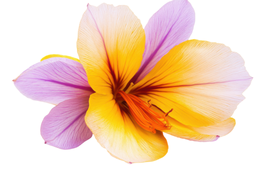 Vivid Crocus Bloom Petals of lavender gold and sunset contrasting on white background
