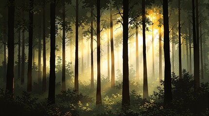 Fototapeta premium Magische Lichtstrahlen durchdringen märchenhaften Wald in digitaler Illustration