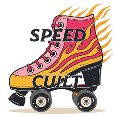 A vintage roller skate engulfed in vibrant flames, showcasing a "speed cult" theme; detailed, gritty texture; dark background.