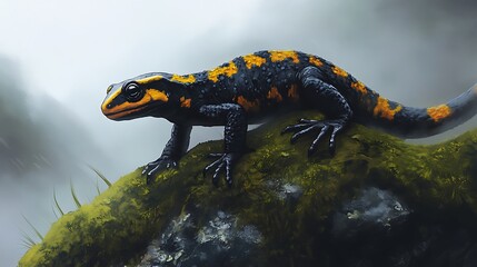 Fototapeta premium Detailed illustration of a salamander on a mossy rock.