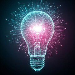 Futuristic glowing lightbulb representing innovative ideas and technological advancements on a dark background.