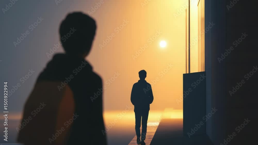 Poster a person stands in front of a building, great for use in architectural or urban landscape settings