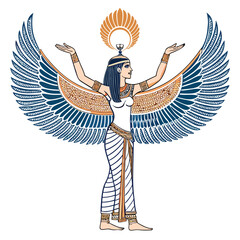 A majestic Isis, goddess of magic, with large, iridescent wings, in a ceremonial pose, radiating a divine glow.  Intricate headdress and flowing robes.
