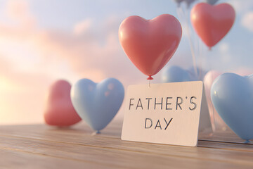 Father's day card with heart shaped balloons in the sky on a wooden surface celebration concept