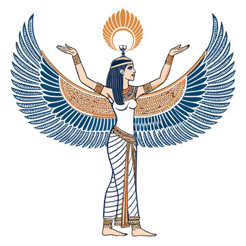 A majestic Isis, goddess of magic, with large, iridescent wings, in a ceremonial pose, radiating a divine glow.  Intricate headdress and flowing robes.