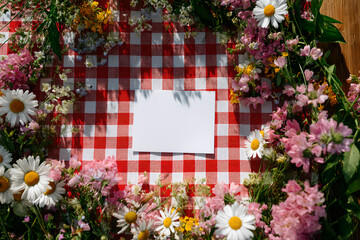 Blank card on red and white checkered tablecloth surrounded by colorful flowers and green leaves