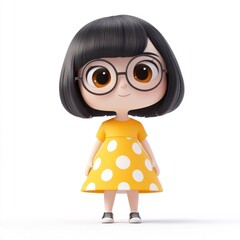 3D chibi style girl with a bob haircut, wearing glasses, dressed in a yellow skirt with white polka dots.
