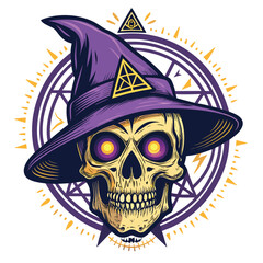 Render a detailed wizard skull, glowing emerald eyes, intricate runes etched around its surface, dark background.