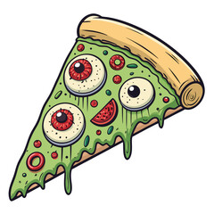 Create a gruesomely detailed image of a zombie pizza slice; decaying crust, oozing cheese, and eyeball toppings. Horror movie aesthetic.