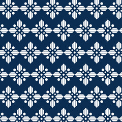 Elegant Repeating White Geometric Cross and Dot Pattern on Dark Blue Background
