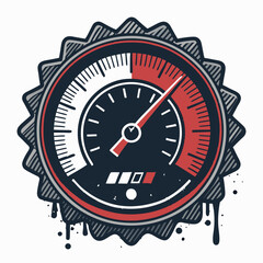 Design a retro-style tachometer badge with a needle pegged at maximum speed and a prominent 'O' for overdrive.  High detail, vibrant colors.