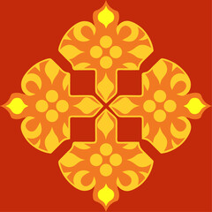 Vibrant Repeating Yellow Floral Cross Pattern with Dotted Grid on Bold Red Background