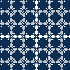 Bold Repeating White Geometric Cross and Dot Pattern on Dark Blue Background