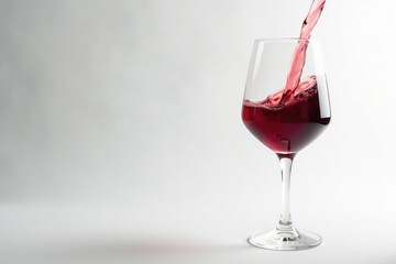 Rich red wine poured into glass, clean white backdrop, cabernet, red