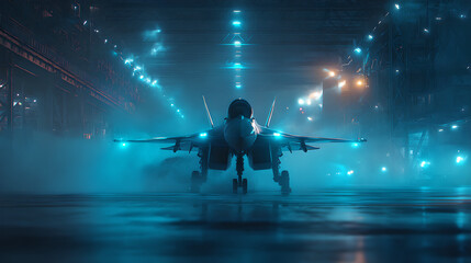 A fighter jet sits on a runway at night illuminated by bright blue lights in a hangar setting