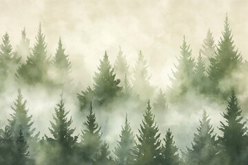 beautifully crafted watercolor painting of a foggy forest landscape. It captures a serene and ethereal atmosphere, emphasizing the interplay between nature and mist.