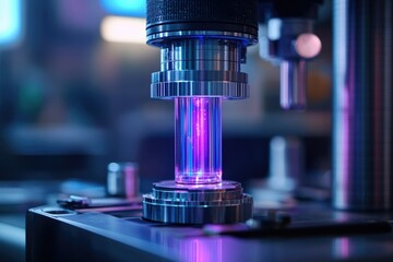 A close-up view of scientific research equipment with blue and purple lighting, used in a laboratory for advanced experiments.